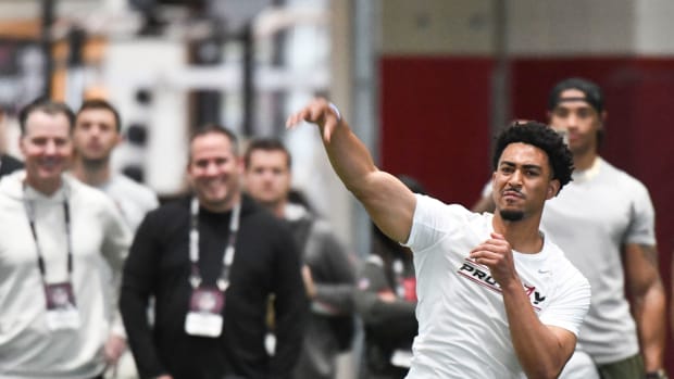 Mar 23, 2023; Tuscaloosa, AL, USA; Quarterback Bryce Young throws during Pro Day at Hank Crisp Indoor Practice Facility on the campus of the University of Alabama. Mandatory Credit: Gary Cosby Jr.-Tuscaloosa News Ncaa Football University Of Alabama Pro Day